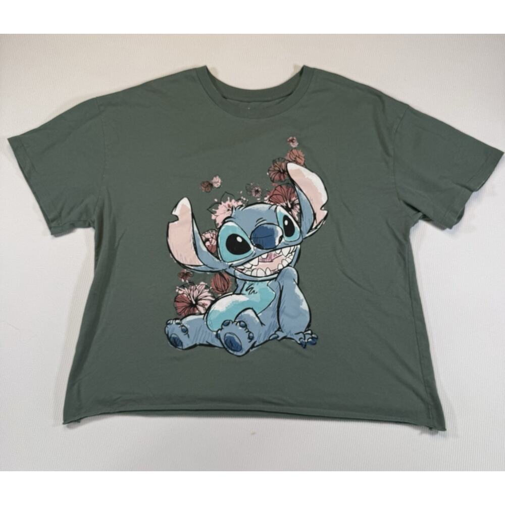 Disney Stitch Crop T Shirt Women XL Green Graphic Lilo & Stitch Tee
